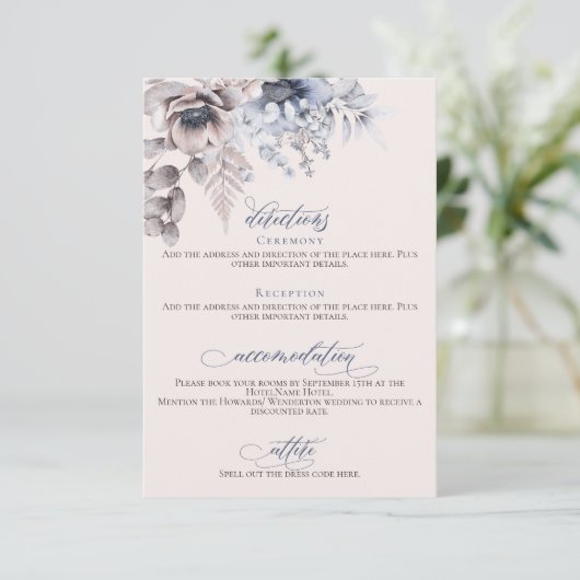 Stustblauwe beige florale elegant bruiloft details informatiekaartje (Staand voorkant)