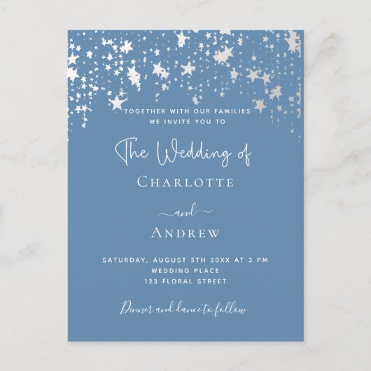 Stustblauwe elegante bruiloft uitnodiging briefkaart (Voorkant)
