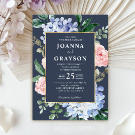 Stustblauwe hydrangeas pastelroze rozen bruiloft kaart