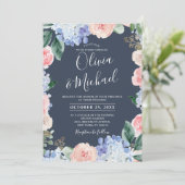Stustblauwe hydrangeas pastelroze rozen bruiloft kaart (Staand voorkant)