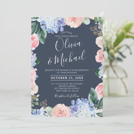 Stustblauwe hydrangeas pastelroze rozen bruiloft kaart (Staand voorkant)