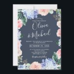 Stustblauwe hydrangeas pastelroze rozen bruiloft kaart<br><div class="desc">Moderne trouwuitnodiging met lichtblauw/stoffige blauwe waterverf hydrangeas met pastelroze, blozen, perziken, witte rozen, pinda's, sage eucalyptusbladeren, takken en bladeren. Gemuteerde zachte en droomroemeense tinten lentemperdagavond waterverf florale design die overeenkomen met je thema bruiloft. Zoek meer overeenkomende design en variaties uit mijn winkel met 'blissweddingpaperie'. Je kunt contact met me opnemen...</div>