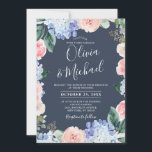Stustblauwe hydrangeas pastelroze rozen bruiloft kaart<br><div class="desc">Moderne trouwuitnodiging met lichtblauw/stoffige blauwe waterverf hydrangeas met pastelroze, blozen, perziken, witte rozen, pinda's, sage eucalyptusbladeren, takken en bladeren. Gemuteerde zachte en droomroemeense tinten lentemperdagavond waterverf florale design die overeenkomen met je thema bruiloft. Zoek meer overeenkomende design en variaties uit mijn winkel met 'blissweddingpaperie'. Je kunt contact met me opnemen...</div>