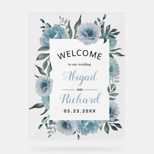 Stustblauwe waterverf bloemen bruiloft acryl bord (Voorkant)