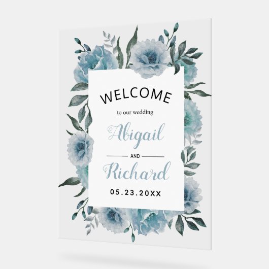 Stustblauwe waterverf bloemen bruiloft acryl bord (Hoek)