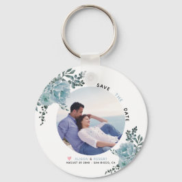 Stustblauwe waterverf bloemen, groene bladeren fot sleutelhanger