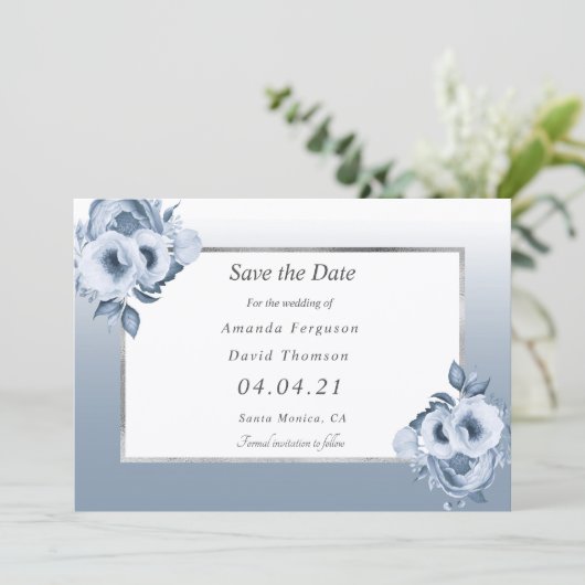 Stustblauwe witte bruinbruidfloralen Sla de datum  Aankondiging (Staand voorkant)