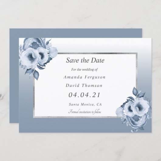 Stustblauwe witte bruinbruidfloralen Sla de datum Aankondiging (Voorkant / Achterkant)