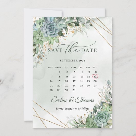 Stustgroen blauw succulent goud met uitzondering v save the date (Voorkant)