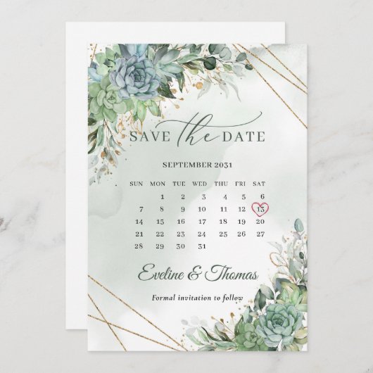 Stustgroen blauw succulent goud met uitzondering v save the date (Voorkant / Achterkant)