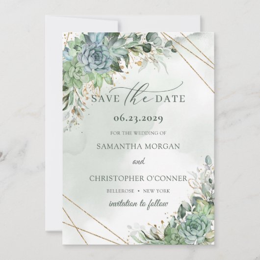 Stustgroen blauw succulent goud met uitzondering v save the date (Voorkant)