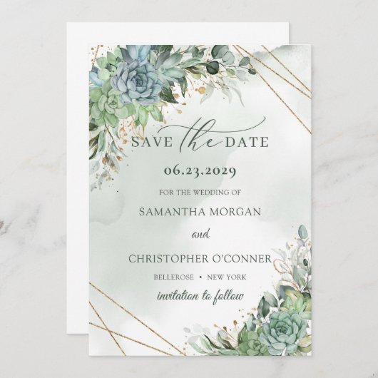 Stustgroen blauw succulent goud met uitzondering v save the date (Voorkant / Achterkant)