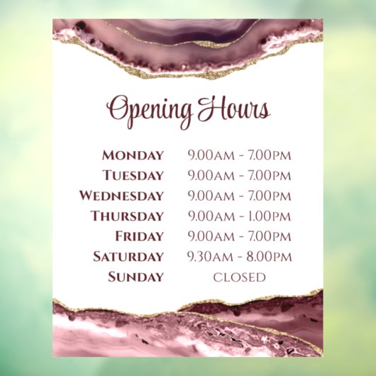 Stustmage Roos Agate Opening Uours Window Cling Raamsticker (Vel 3)