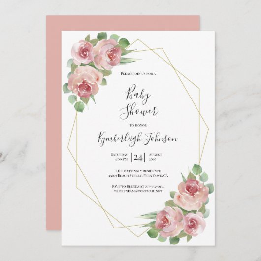 Stustroze Waterverf Floral Geometric Baby shower Kaart (Voorkant / Achterkant)