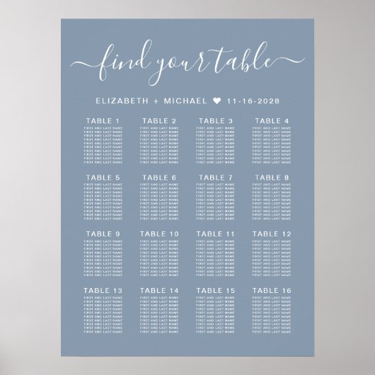 Stusty Blue 16 Table Wedding Seating Chart Poster (Voorkant)