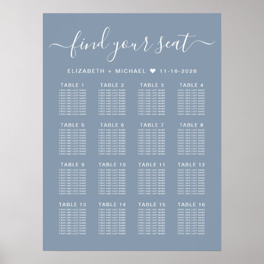 Stusty Blue 16 Table Wedding Seating Chart Poster (Voorkant)