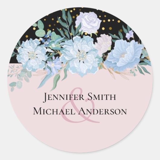 Stusty Blue Blush Pink Floral Wedal Budget Ronde Sticker (Voorkant)
