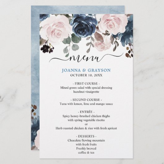 Stusty Blue Blush Pink Floral Wedding Menu (Voorkant / Achterkant)