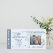 Stusty Blue Boarding Pass Destination Wedination Bedankkaart (Staand voorkant)