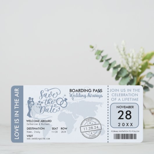 Stusty Blue Boarding Pass Destination Wedination Save The Date (Staand voorkant)