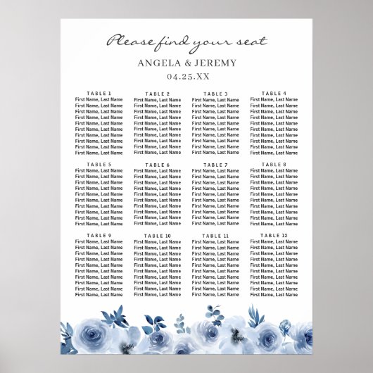 Stusty Blue Bohemian Floral Wedding Seating Chart Poster (Voorkant)
