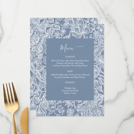 Stusty Blue Chinoiserie Floral enclosure cards Menu (Voorkant / Achterkant in situ)