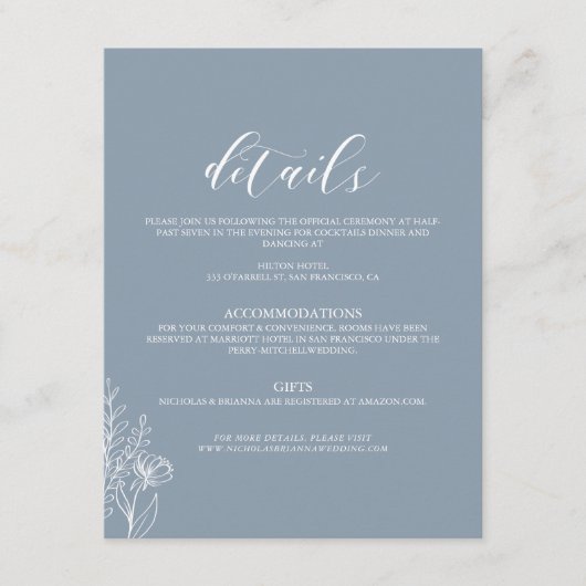 Stusty Blue Classic Minimal Modern Wedding Details Informatiekaartje (Voorkant)