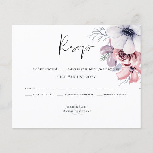 Stusty Blue Coral Floral Script Weddenschap RSVP b (Voorkant)