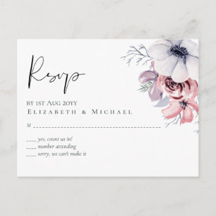 Stusty Blue Coral Floral Script Weddenschap RSVP b Briefkaart