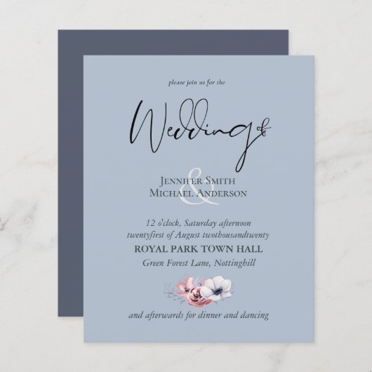 Stusty Blue Coral Floral Wedding Inviting Budget (Voorkant / Achterkant)