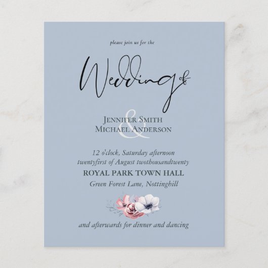 Stusty Blue Coral Floral Wedding Inviting Budget (Voorkant)