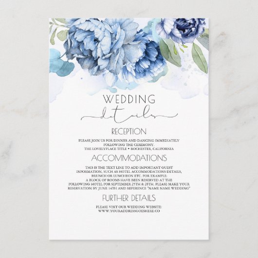 Stusty Blue en Navy Floral Wedding Information Informatiekaartje (Voorkant)