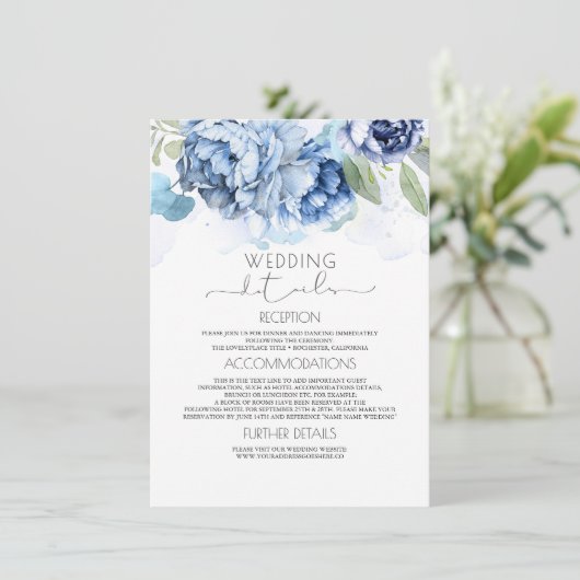 Stusty Blue en Navy Floral Wedding Information Informatiekaartje (Staand voorkant)