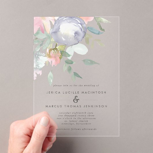 Stusty Blue en roze bloemen pastel Spring Wedding Acryl Uitnodigingen (Insitu (Draagbaar))