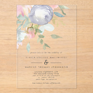 Stusty Blue en roze bloemen pastel Spring Wedding Acryl Uitnodigingen