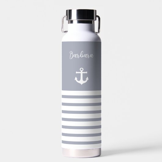Stusty Blue en White Stripes Nautical Personalized Waterfles (Voorkant)