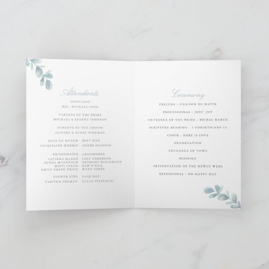 Stusty Blue Etheral Eucalyptus Folded Wedding Programma (Binnen)
