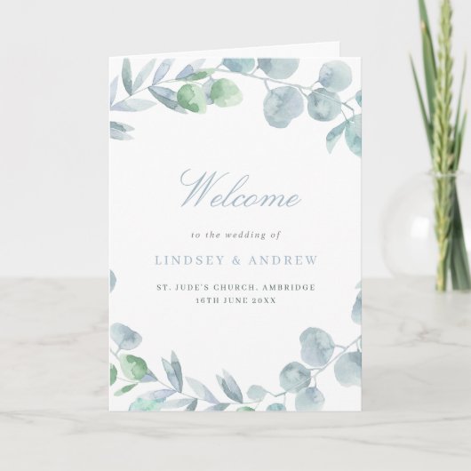Stusty Blue Etheral Eucalyptus Folded Wedding Programma (Voorkant)