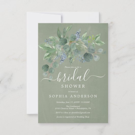 Stusty Blue Eucalyptus Bridal Shower Invitations Kaart (Voorkant)