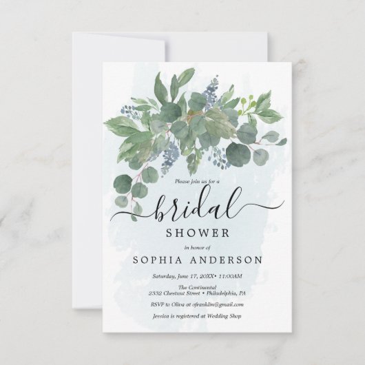 Stusty Blue Eucalyptus Bridal Shower Invitations Kaart (Voorkant)