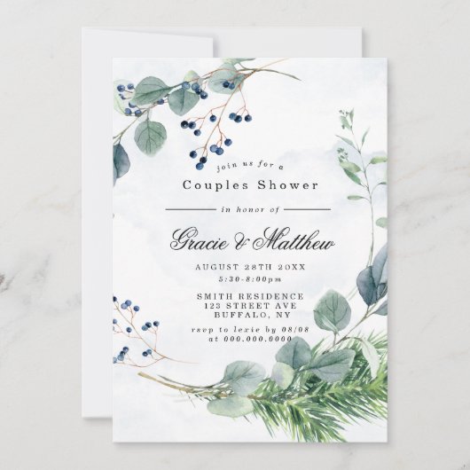 Stusty Blue Eucalyptus Couples Shower Invitations (Voorkant)