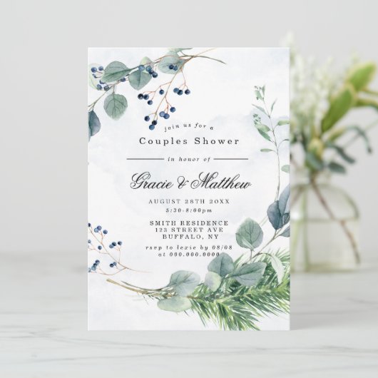 Stusty Blue Eucalyptus Couples Shower Invitations (Staand voorkant)