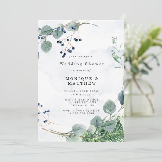 Stusty Blue Eucalyptus Wedding Shower-uitnodiginge (Staand voorkant)