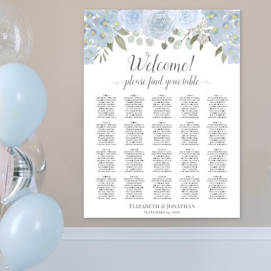Stusty Blue Floral 20 Table Wedding Seating Chart Poster