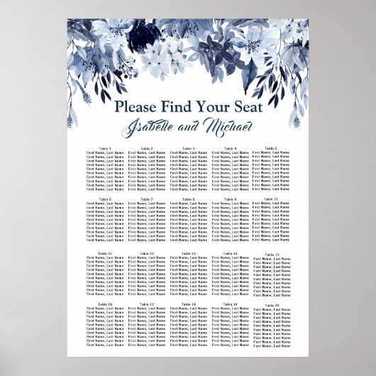 Stusty Blue Floral 20-Table Wedding Seating Chart Poster (Voorkant)