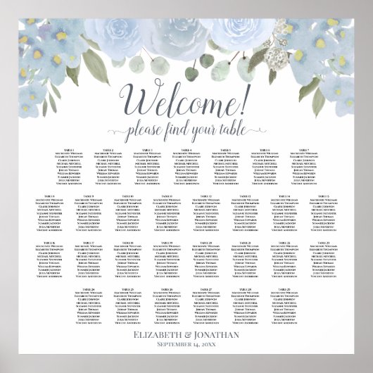 Stusty Blue Floral 29 Tafel Wedding Seating Chart Poster (Voorkant)