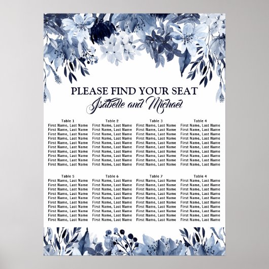 Stusty Blue Floral-8-tafel-weddenschapenkaart Poster (Voorkant)
