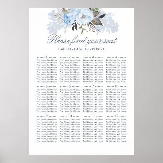 Stusty Blue Floral Elegant Wedding Seding Chart Poster (Voorkant)