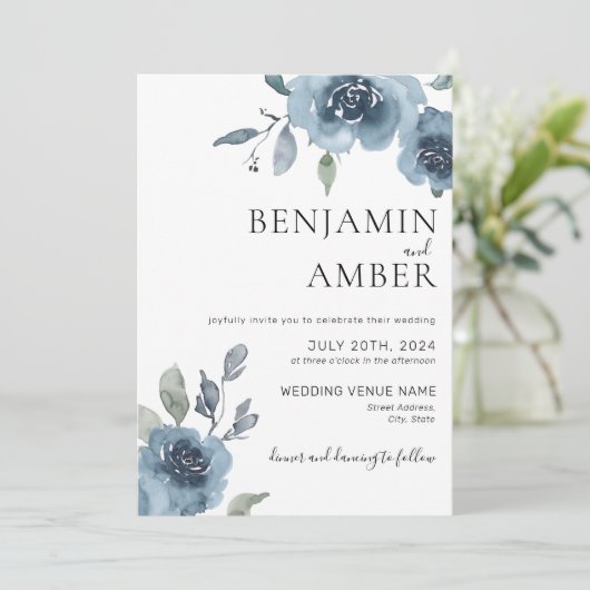 Stusty Blue Floral Pastel Boho minimalistisch huwe Kaart (Staand voorkant)