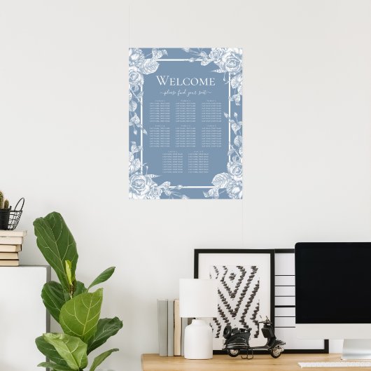 Stusty Blue Floral Seating Chart Poster (Thuiskantoor)